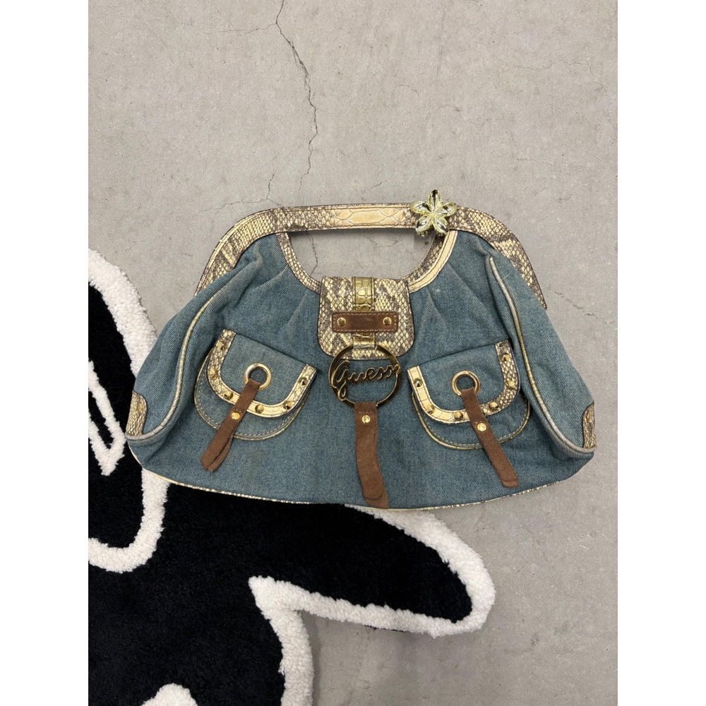 Guess Denim Hobo Bag Faux Snakeskin Trim Blue Gold Y2K Cargo Pocket Handbag